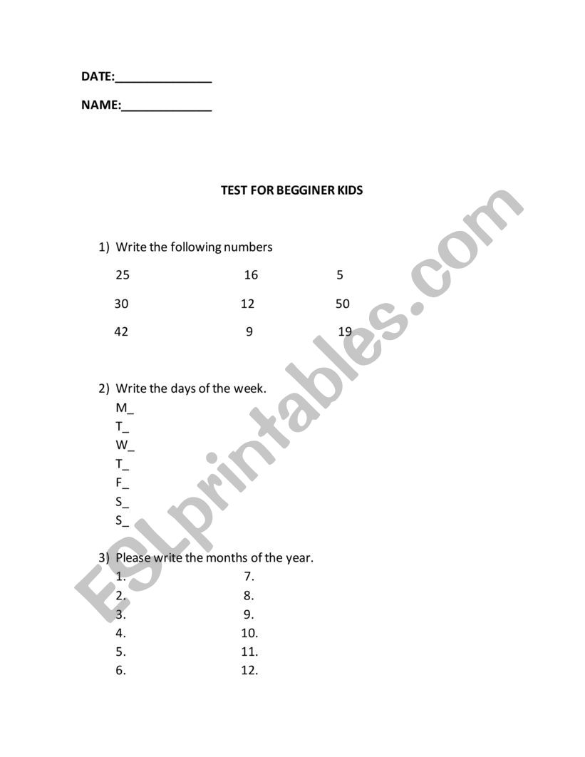 test for begginer students worksheet