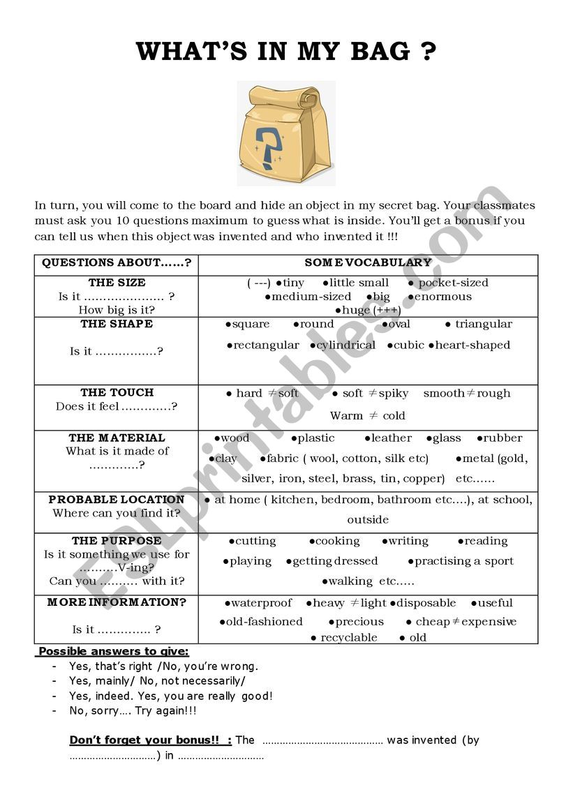 Whats in my bag? worksheet