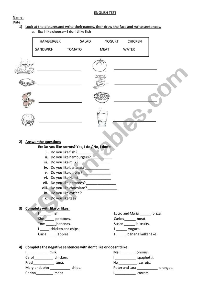 Likes and dislikes  worksheet