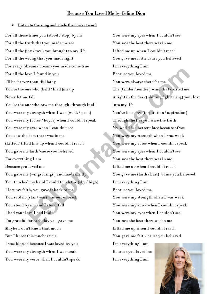 becouse you loved me worksheet