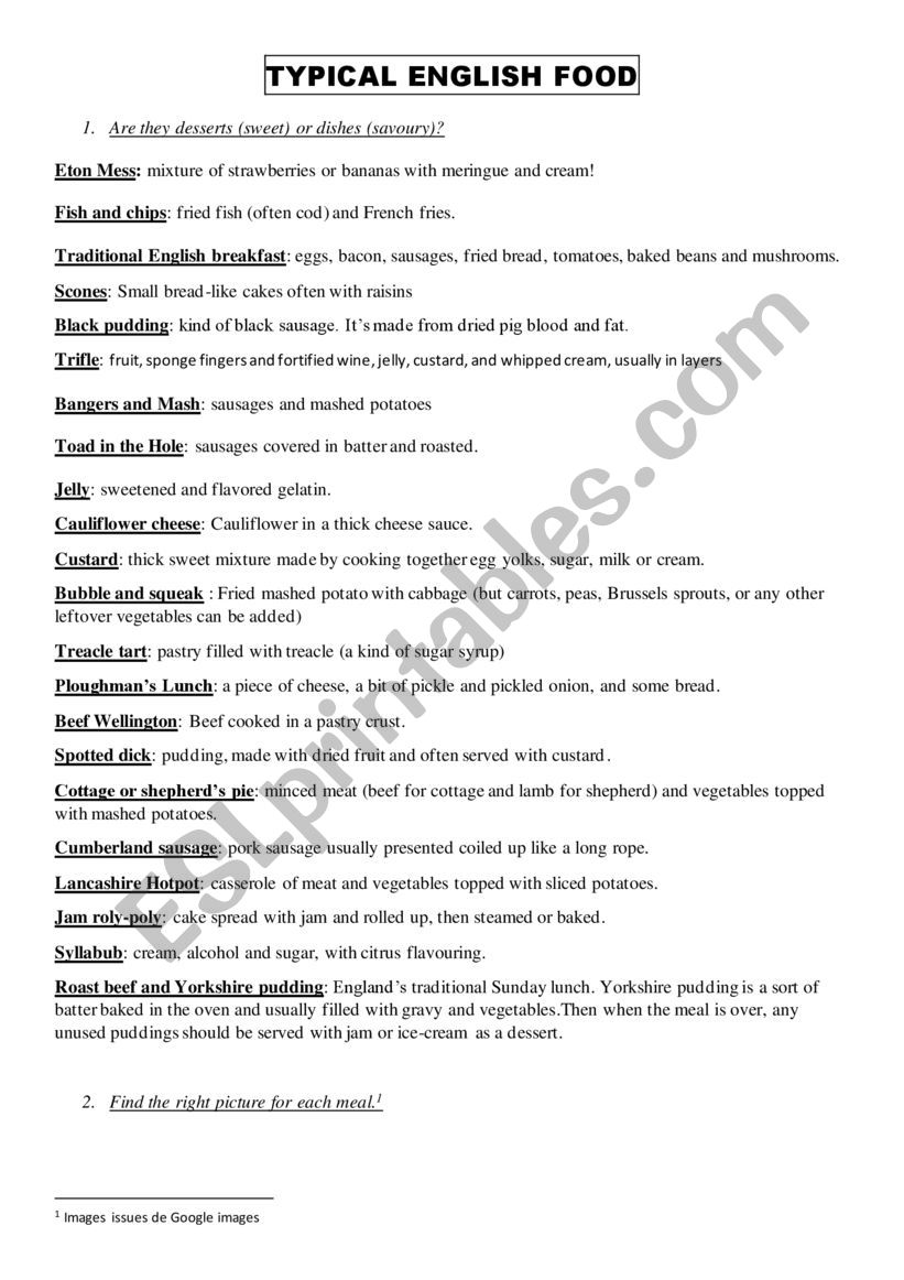 TYPICAL ENGLISH FOOD worksheet