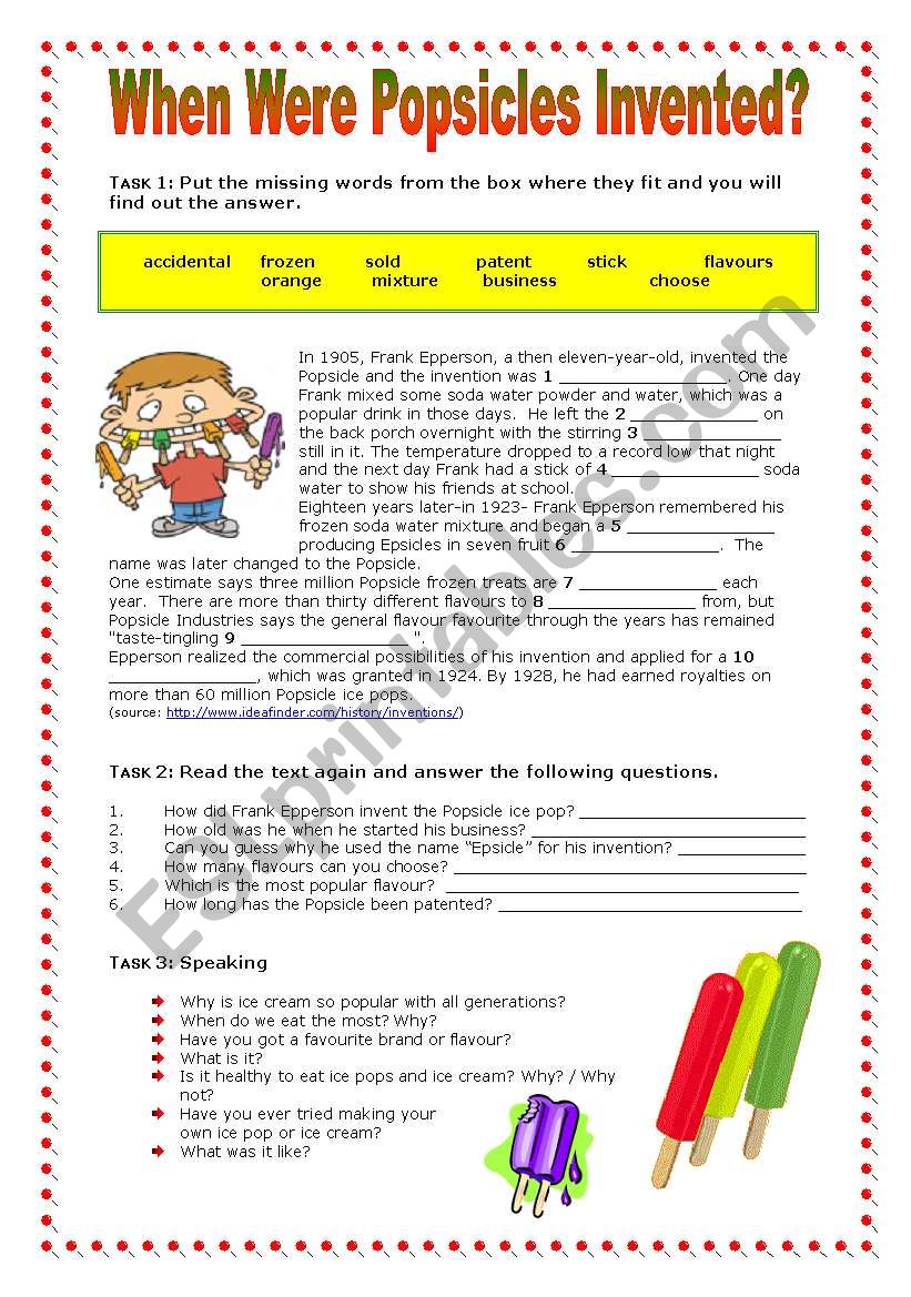 When Were Popsicles Invented? worksheet