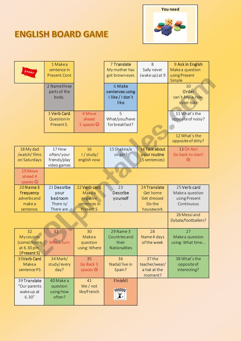 Board game worksheet