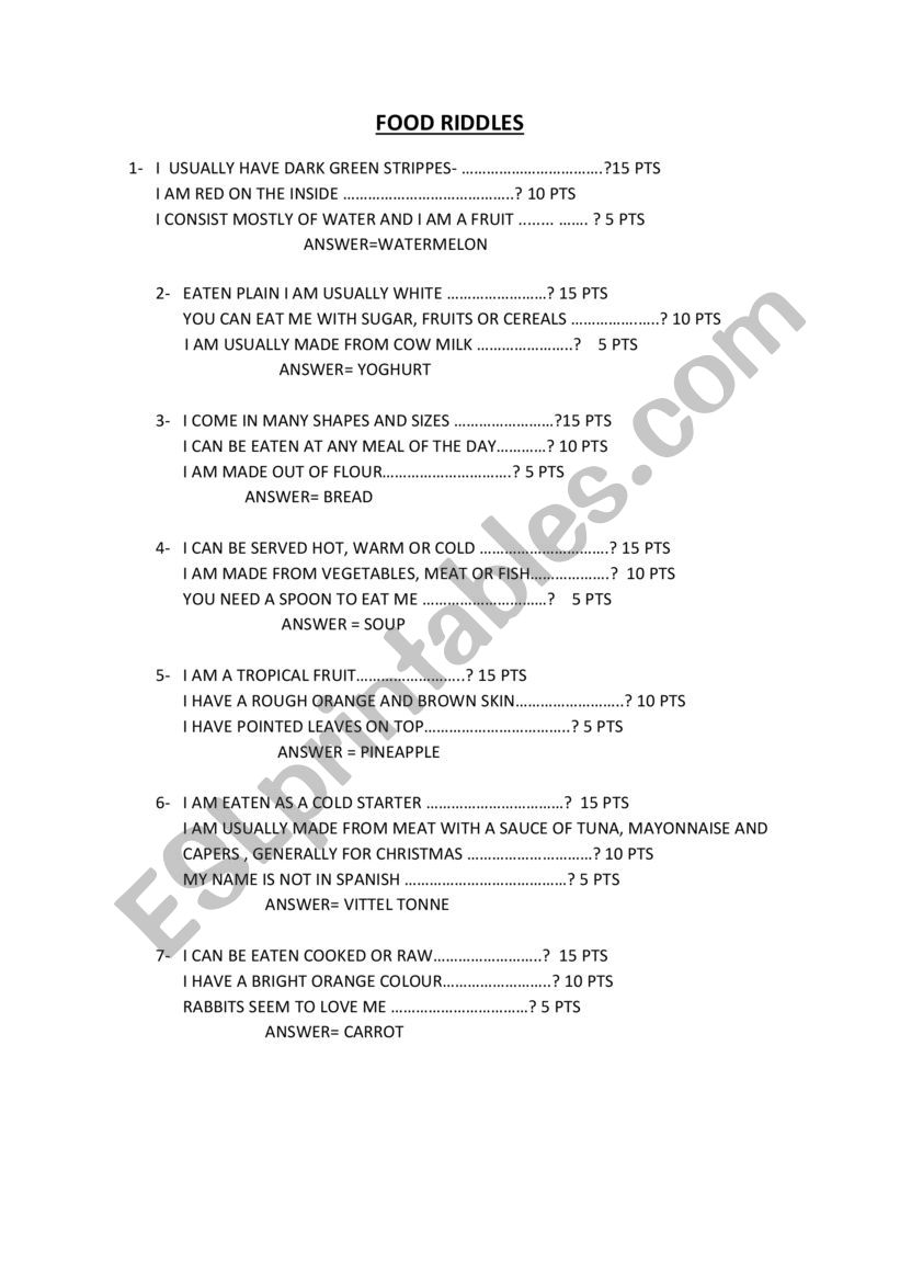 food worksheet