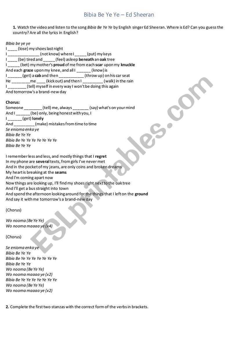 Bibia Be Ye Ye - Ed Sheeran / Song worksheet