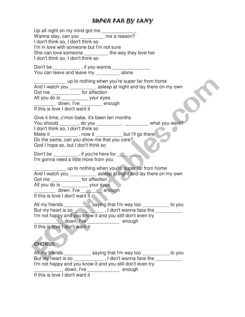 SUPER FAR BY LANY worksheet