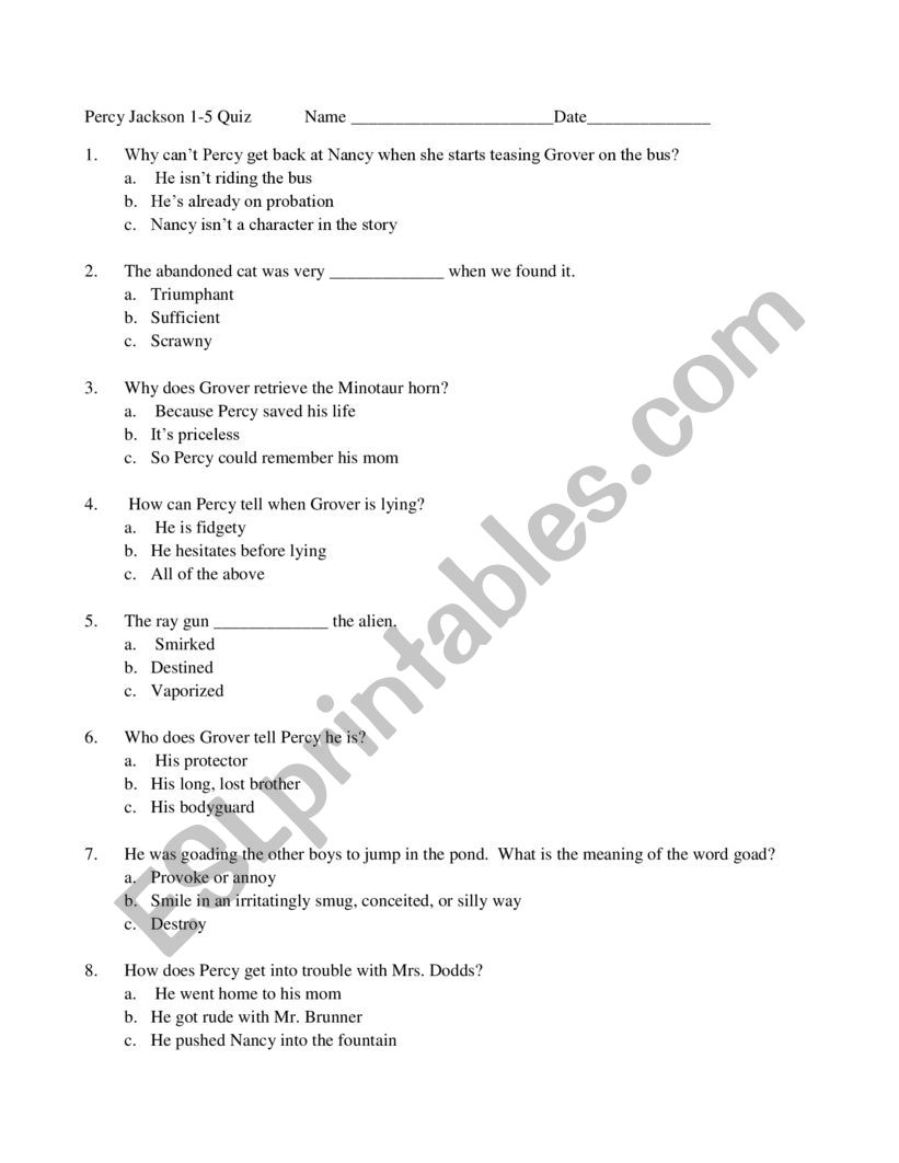 Percy Jackson and the Lightning Thief 50 Question MC Test with Bonus