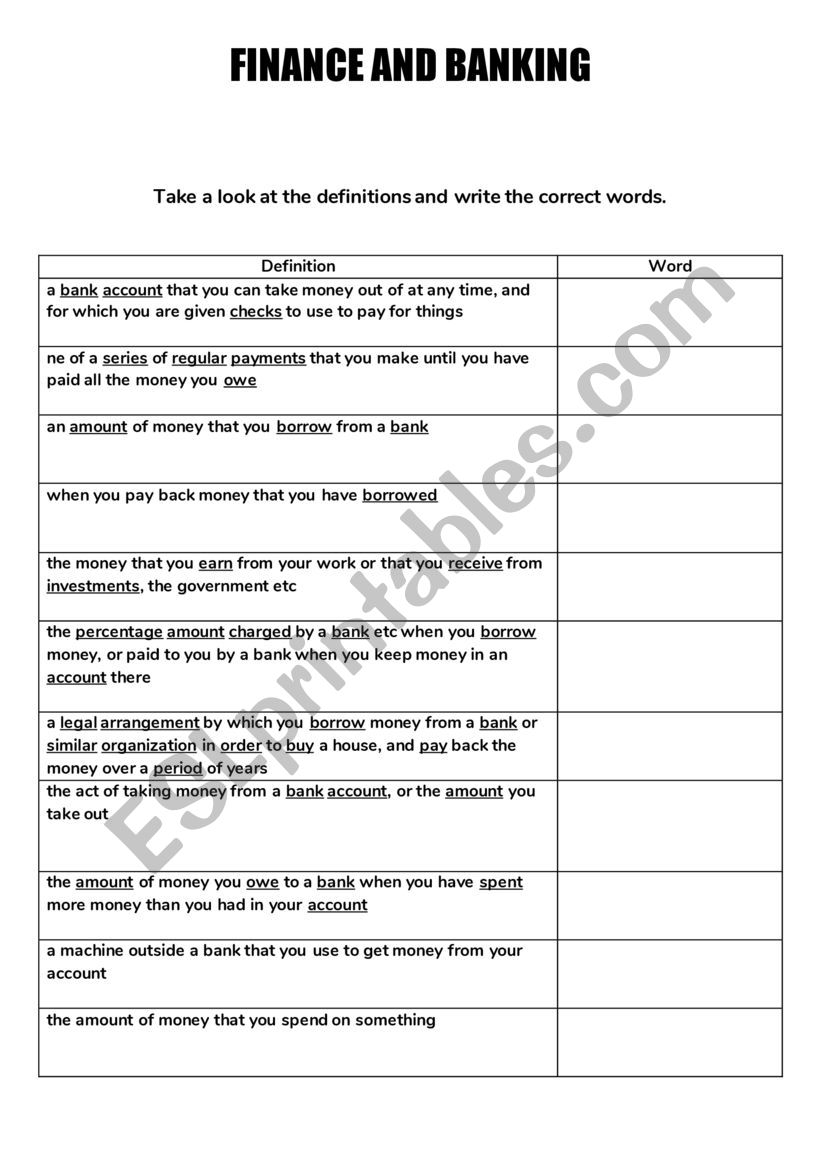 Finance and banking worksheet