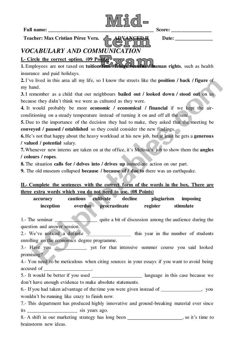 Mid Term Advanced Level worksheet