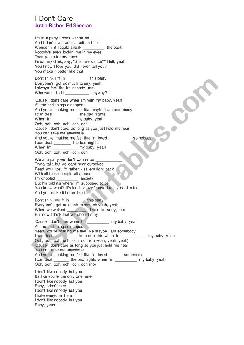 I DON´T CARE - ESL worksheet by Marcella826584