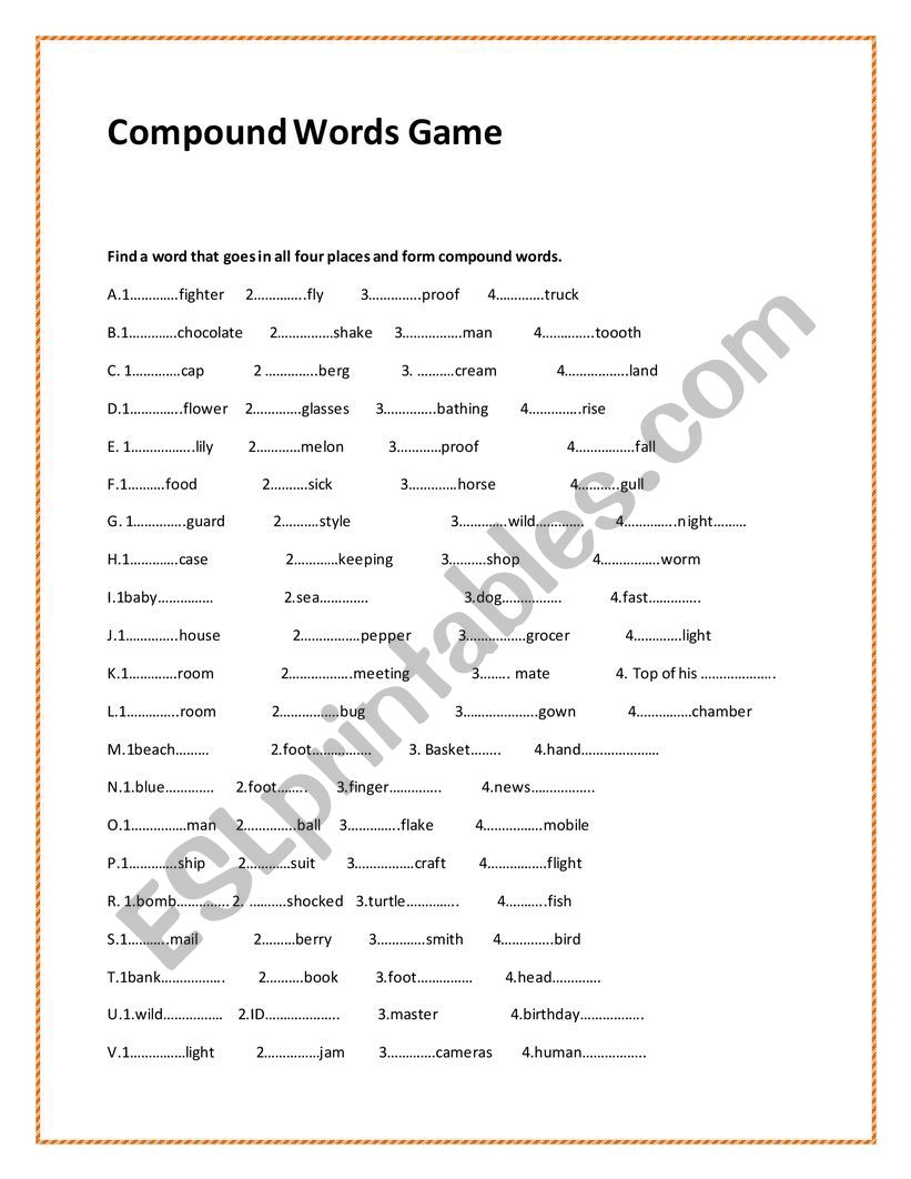 Compound words game worksheet
