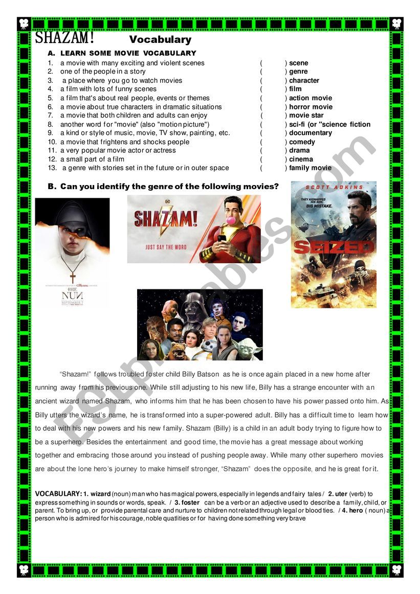 Movie Shazam worksheet