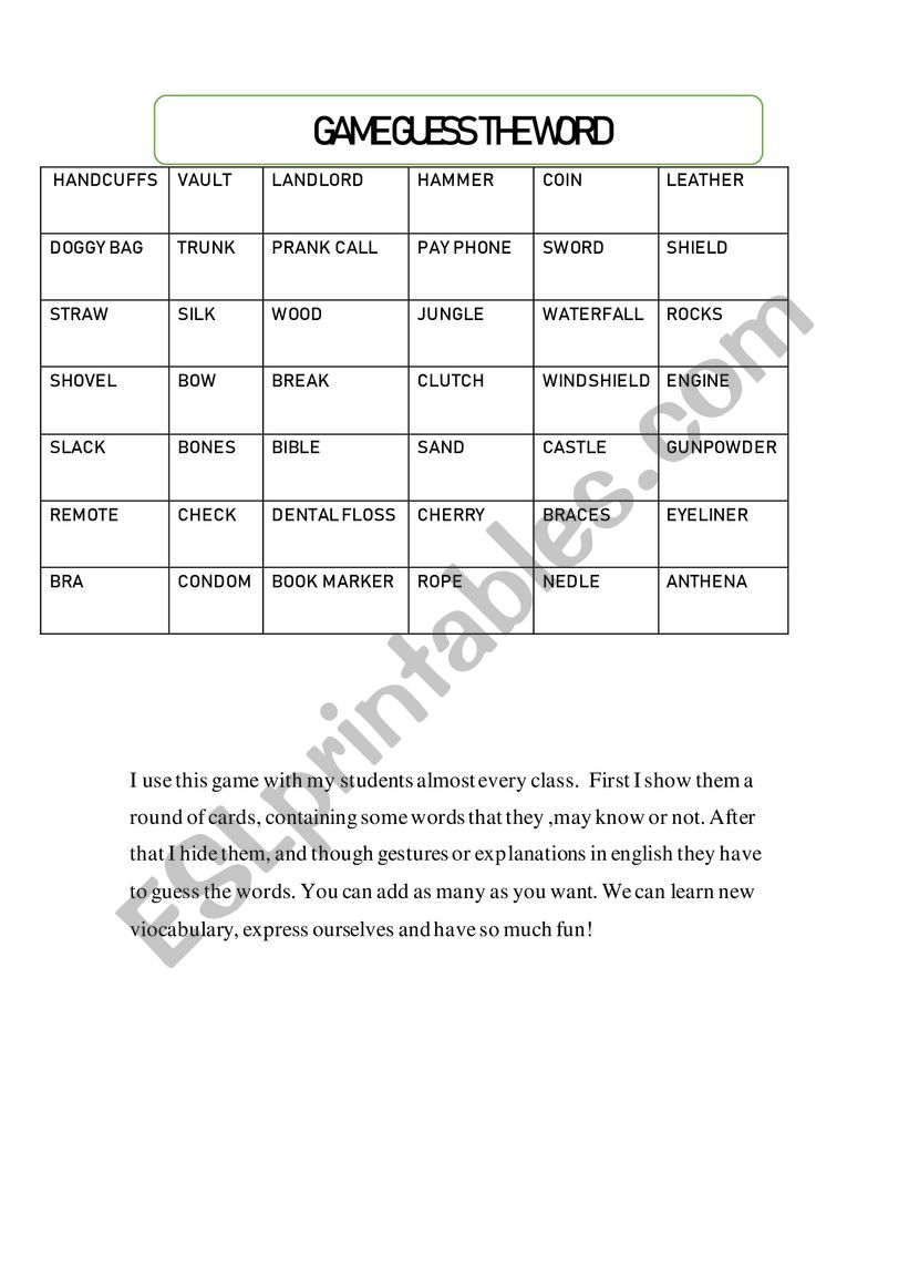 GAME GUESS THE WORD worksheet