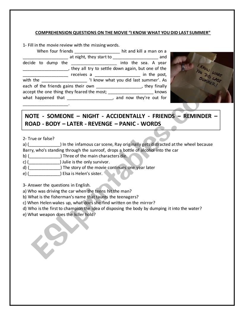 Comprehension Questions On The Movie I Know What You Did Last Summer