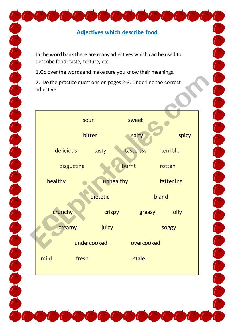 Adjectives to describe food worksheet