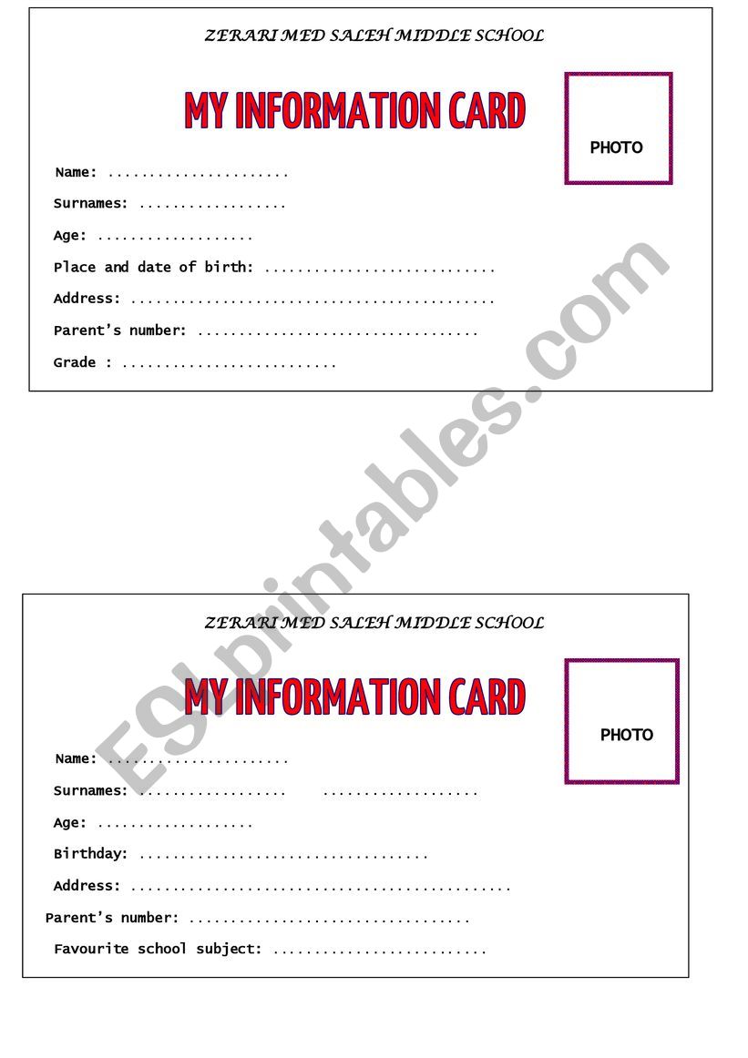 information card for students 