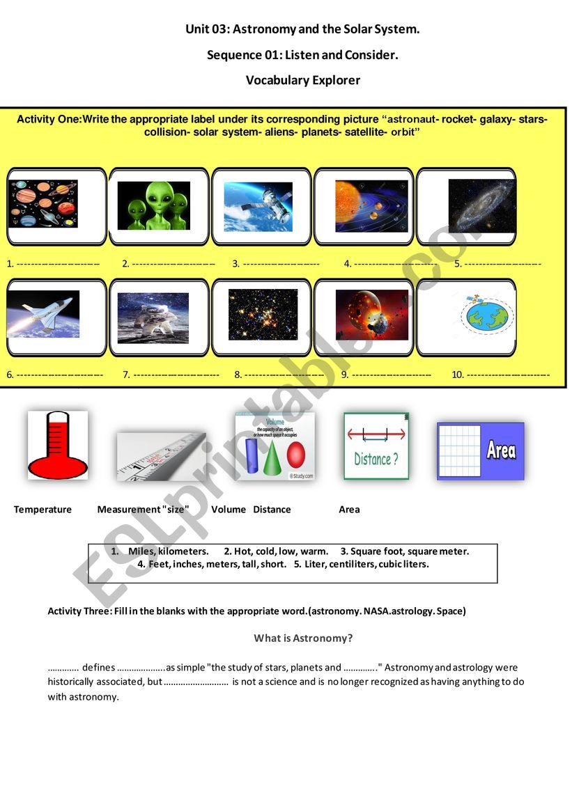 astronomy worksheet