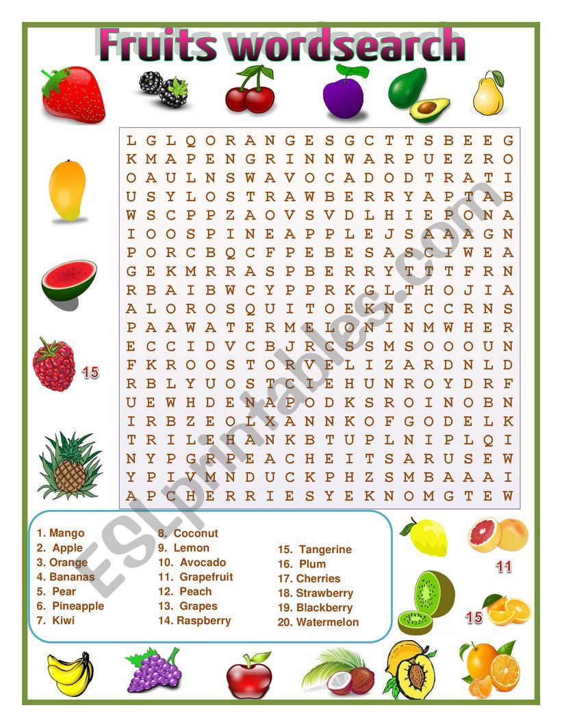 FRUITS WORDSEARCH worksheet