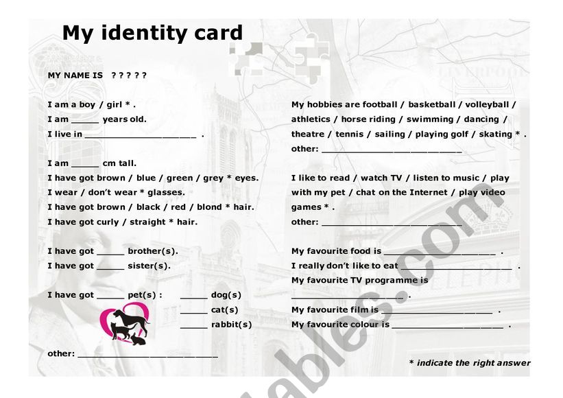 Identity Card (Who am I?) worksheet