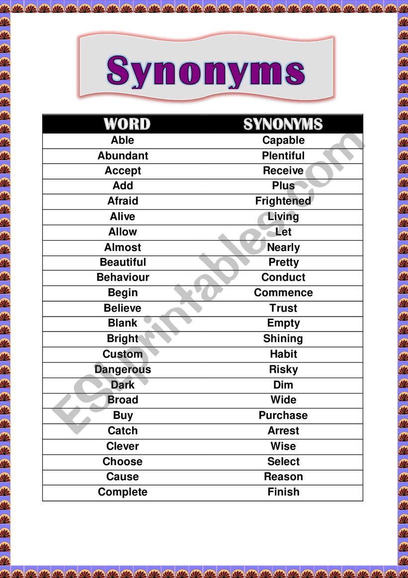 Synonyms and Worksheet worksheet