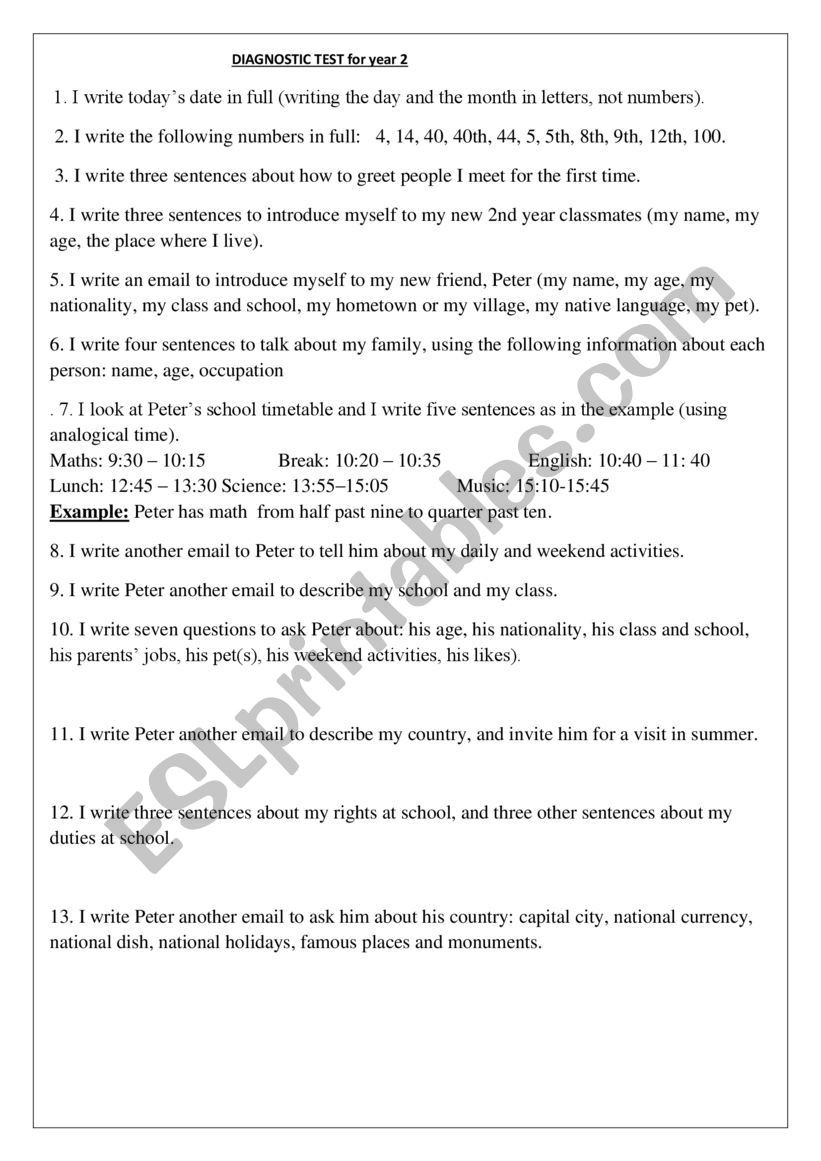 diagnostic tests  worksheet