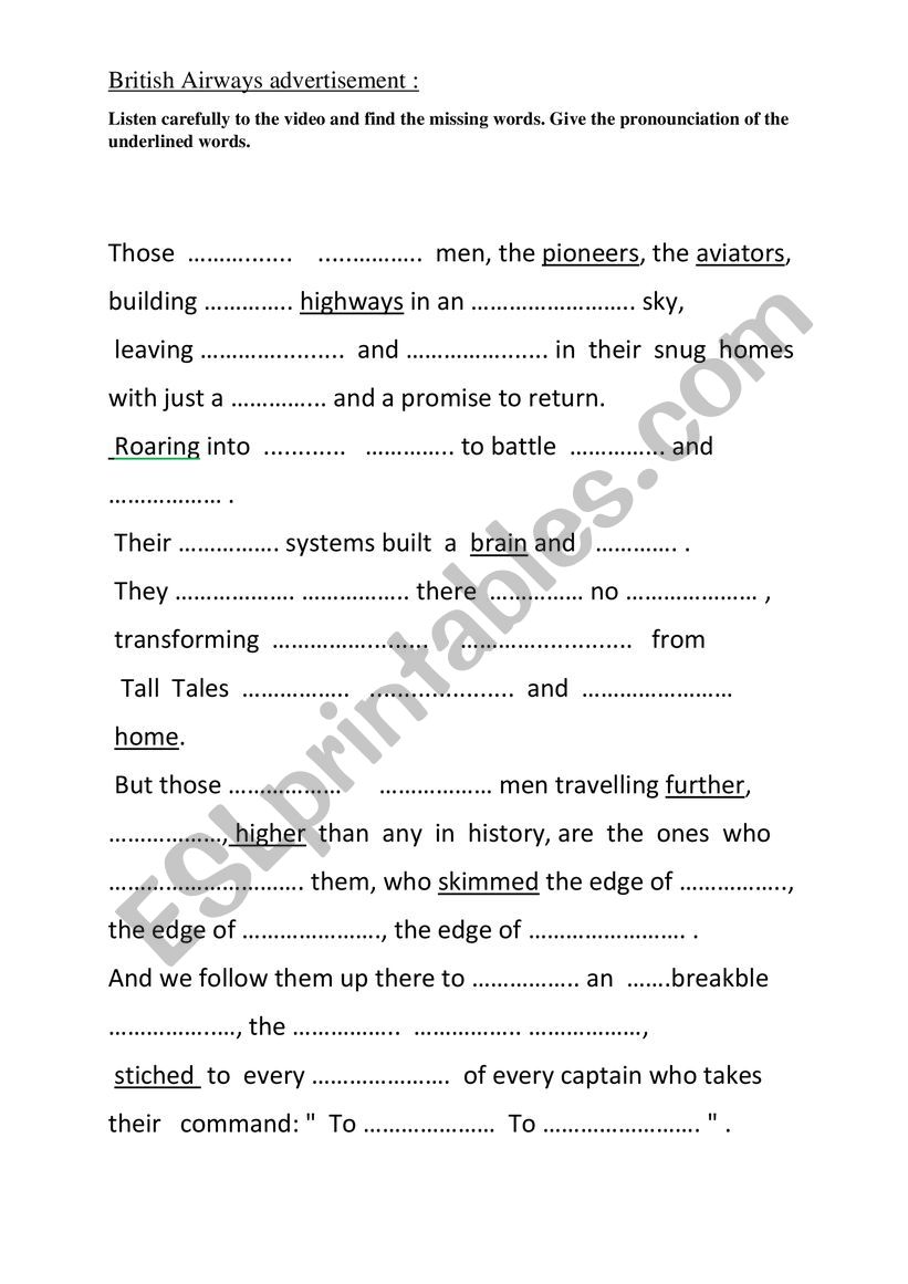 BRITISH AIRWAYS  ADVERT worksheet