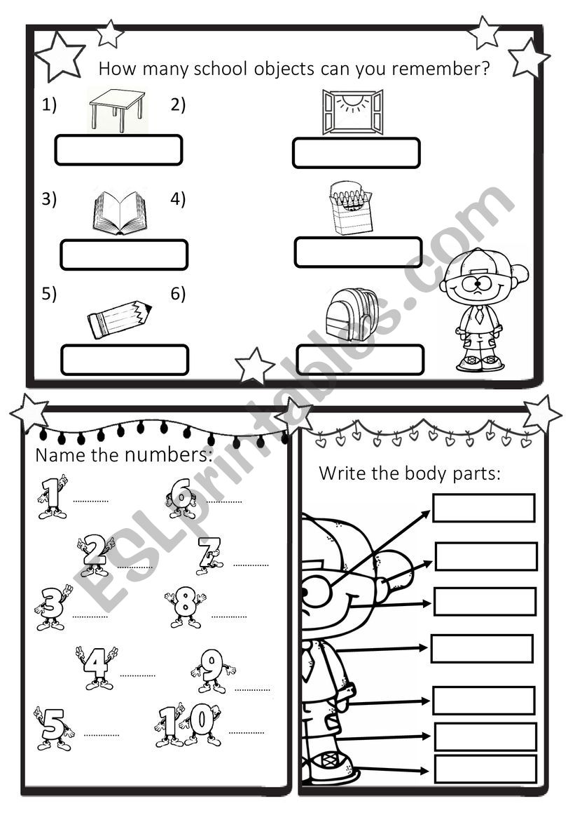 a quiz about numbers to 10, body parts, school objects