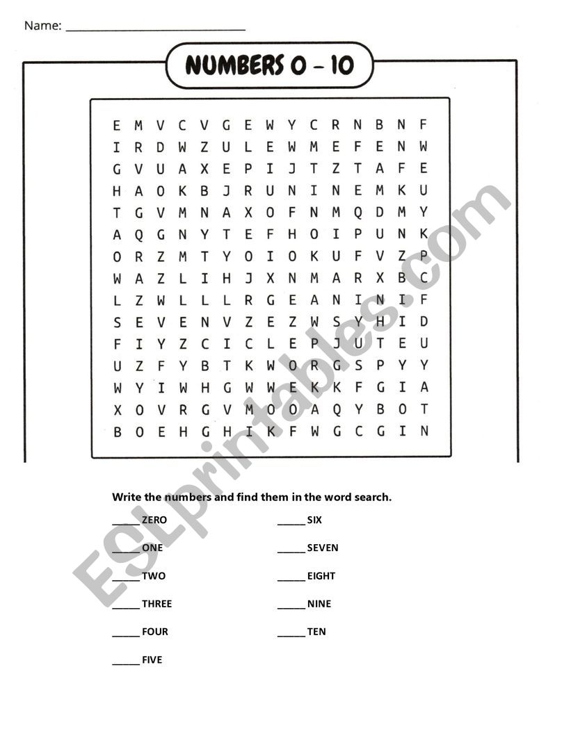 WORDSEARCH NUMBERS 0 - 10 worksheet