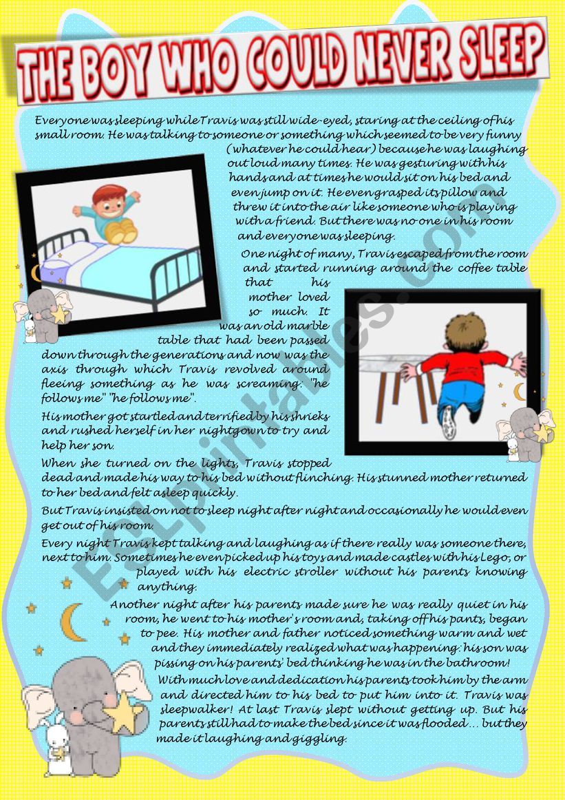 THE BOY WHO COULD NEVER SLEEP reading + comprehension (expressions and phrasal verbs) with exercises