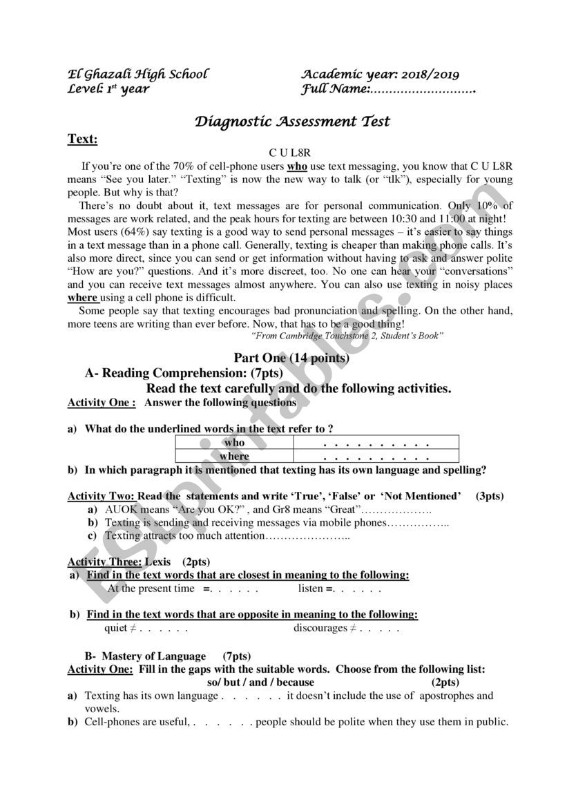 First Year Diagnostic Assessment
