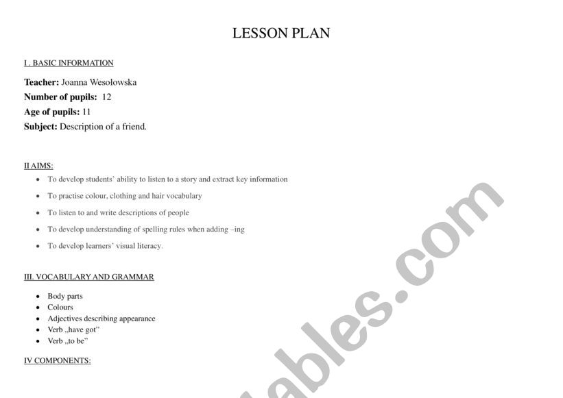 description of a person- lesson plan
