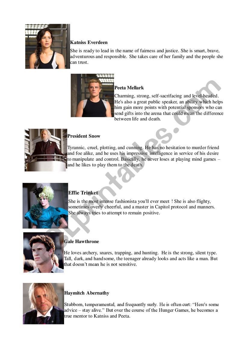 Hunger games character worksheet