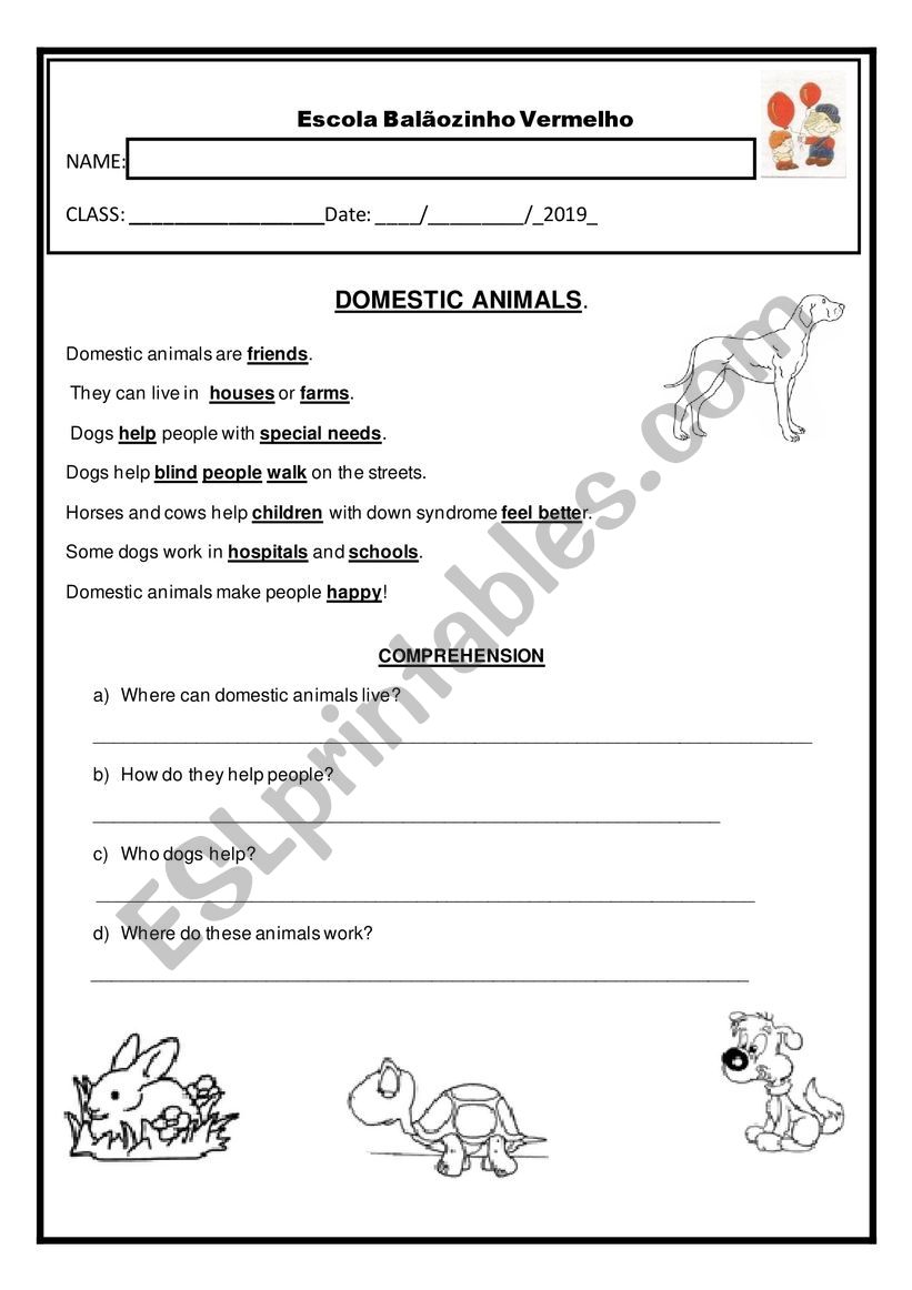 DOMESTIC ANIMALS WORKSHEET worksheet