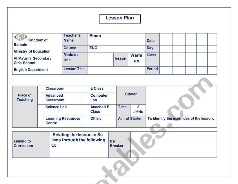 lesson plan form  worksheet