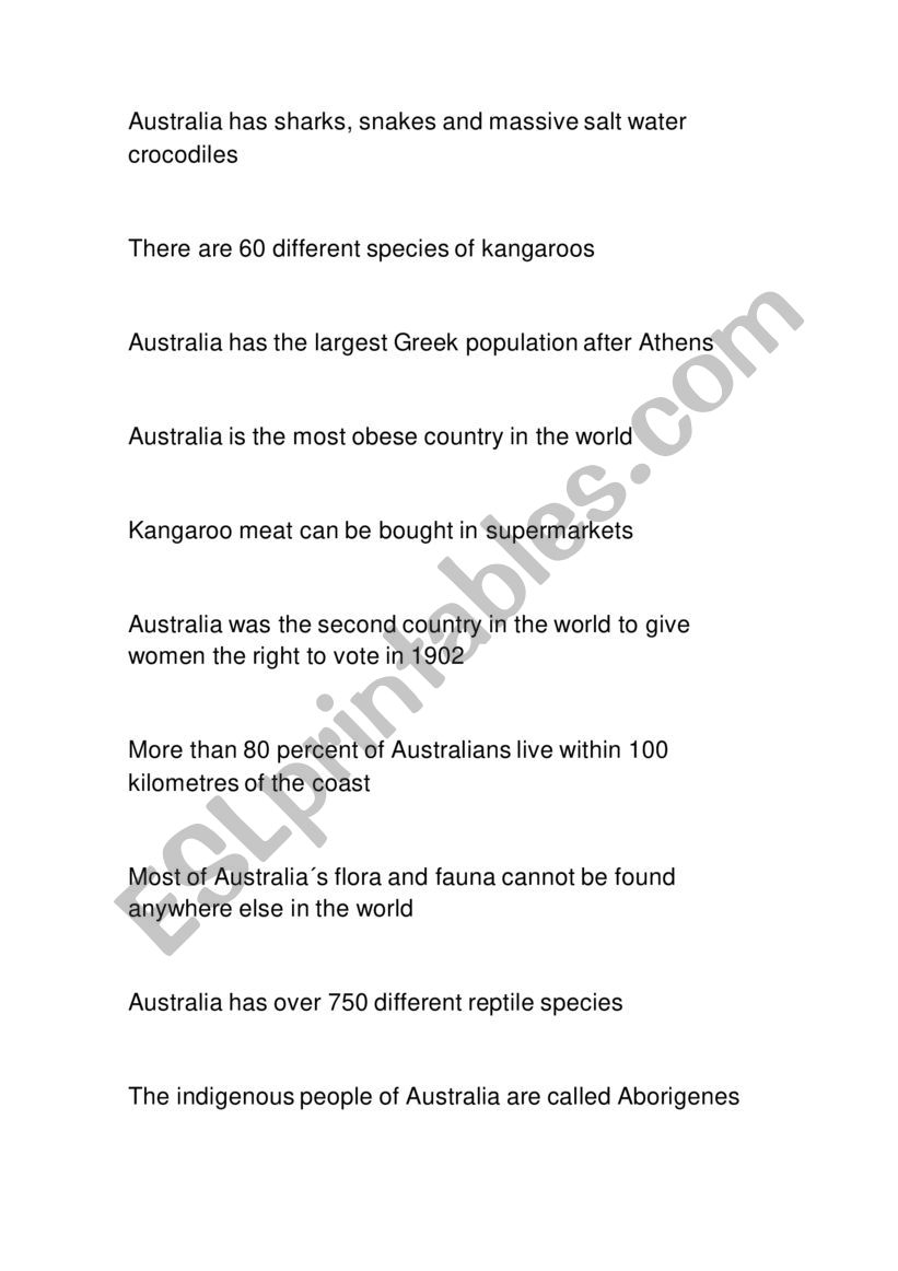 awesome facts about Australia worksheet
