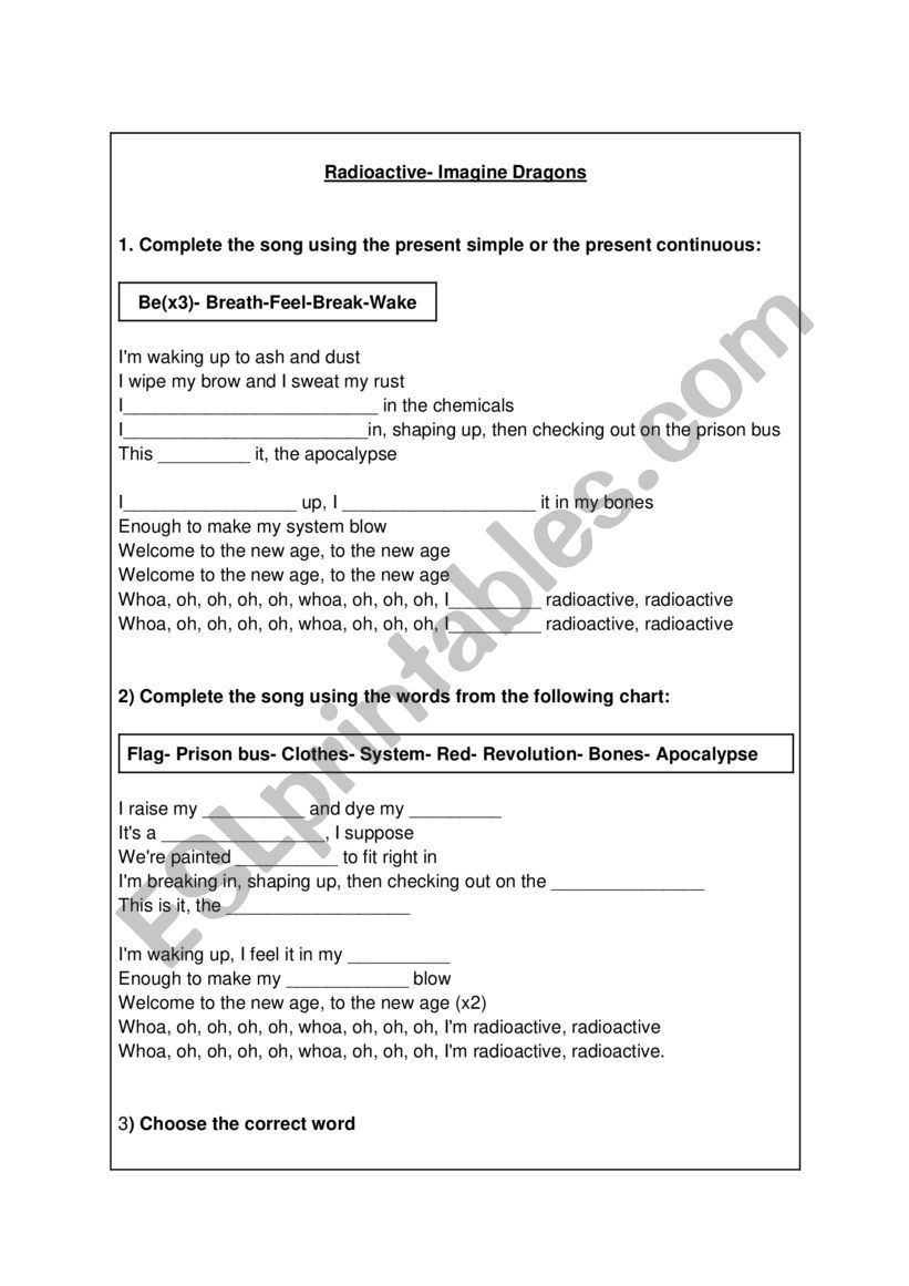 Radioactive- Imagine Dragons worksheet