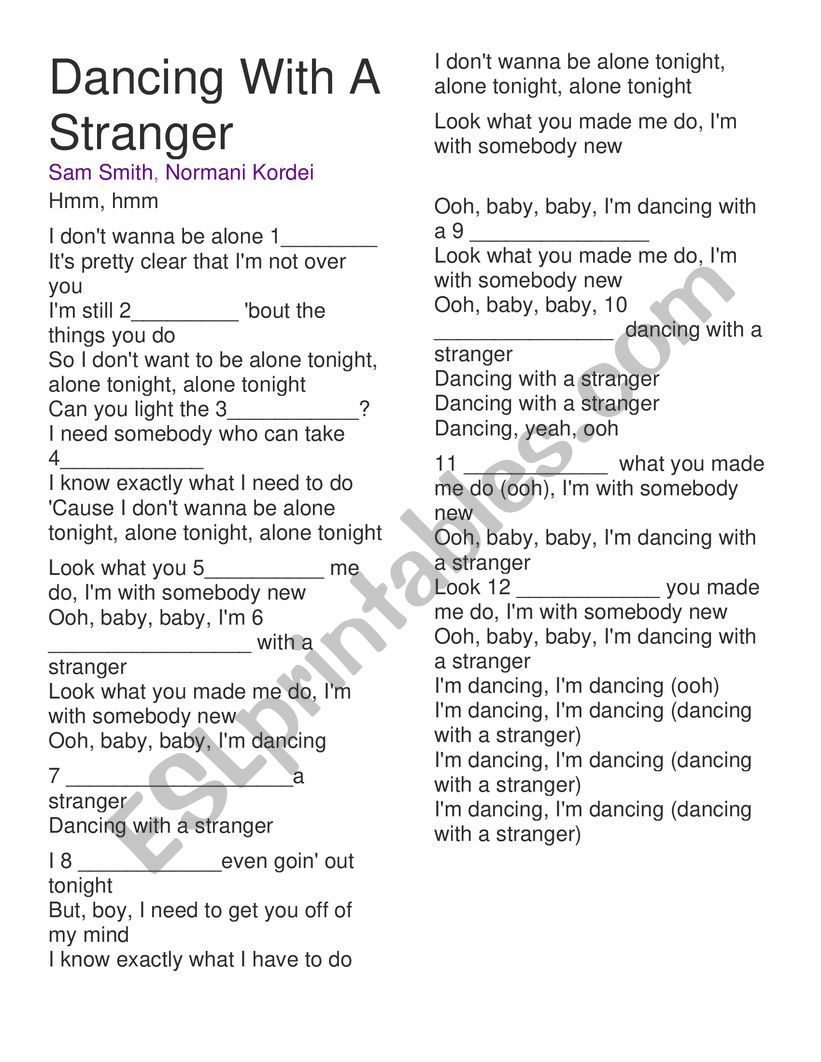 Dancing with a stanger song  worksheet