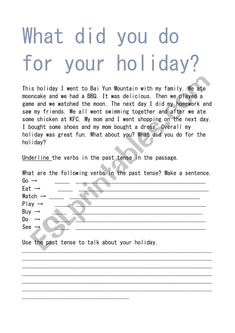 Your Holiday - Past Tense Worksheet