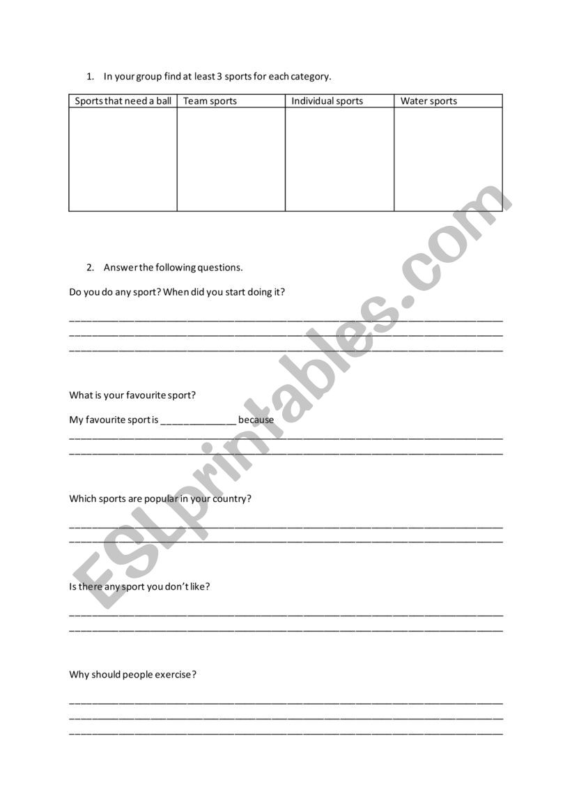 TYPES OF SPORTS worksheet