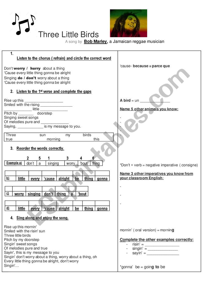 Three little birds worksheet