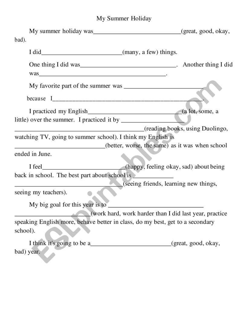 My summer holiday worksheet