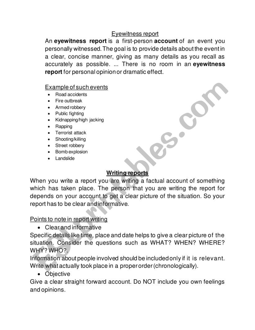 Eye witness reports - ESL worksheet by Angielove29u