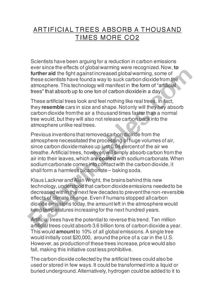 Artificial Trees worksheet