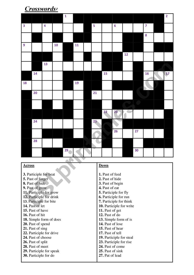 crosswords of irregular verbs worksheet