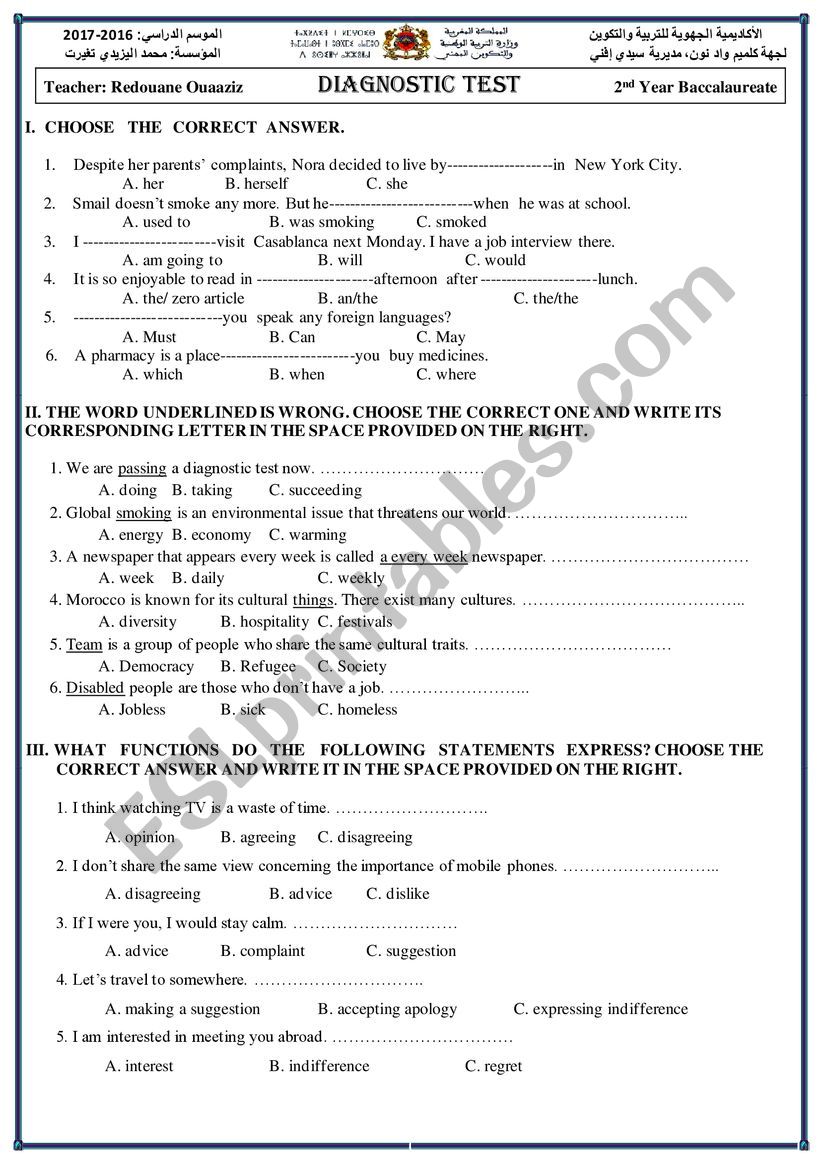 Diagnostic assessment  worksheet