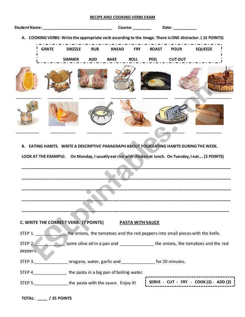 RECIPE AND COOKING VERBS EXAM worksheet