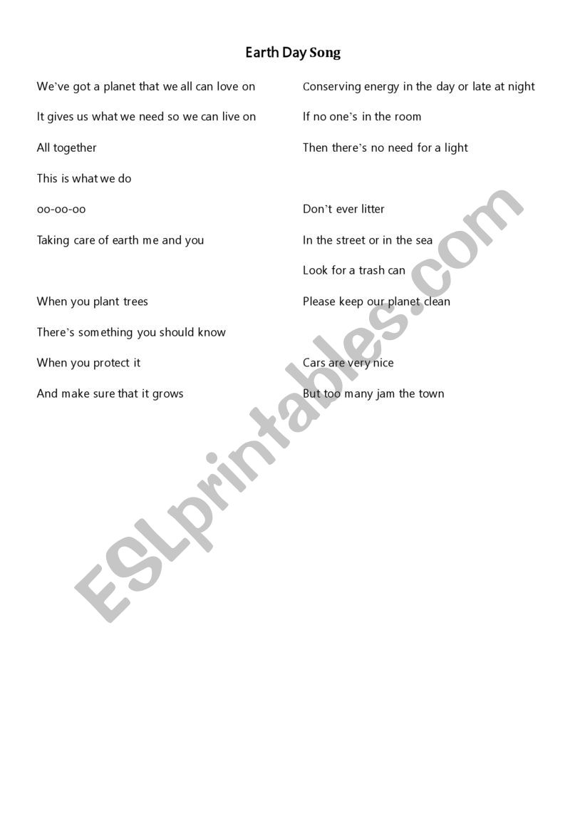 Earth Day Song worksheet