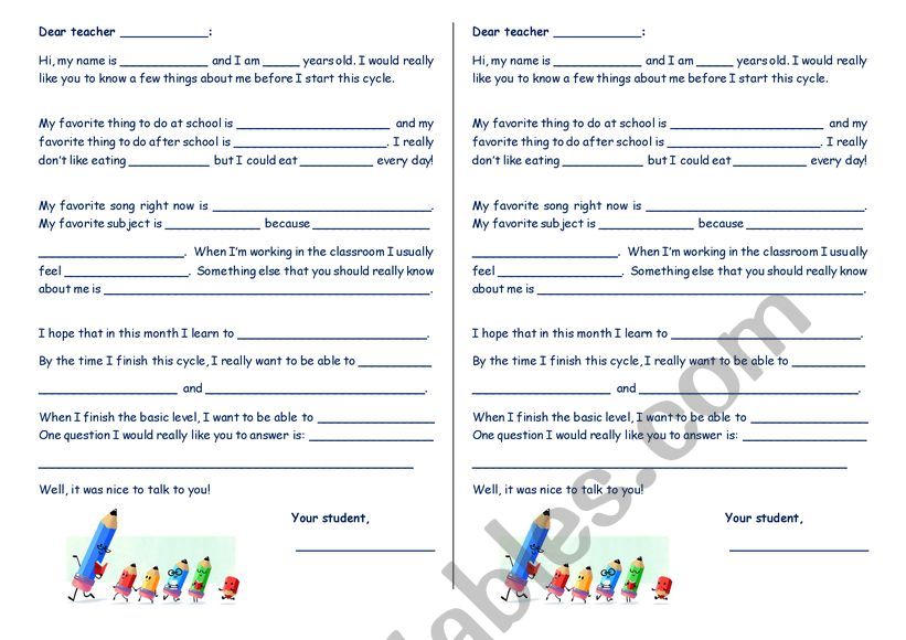 Letter to my teacher worksheet