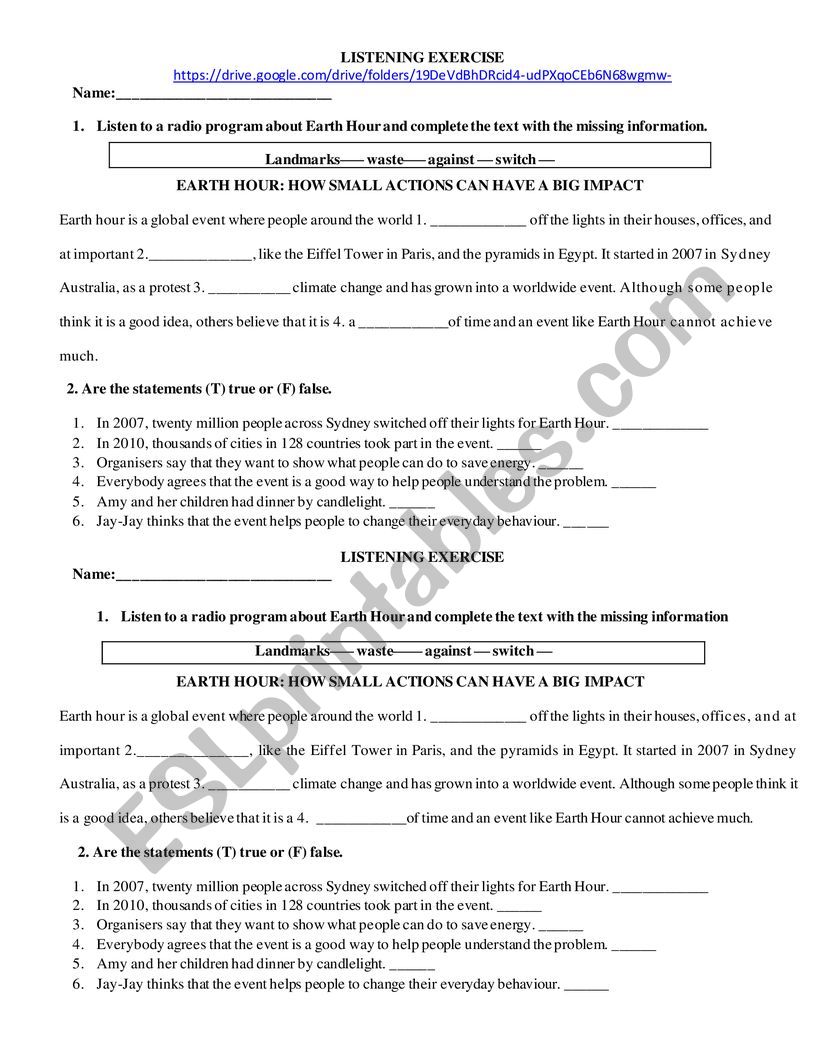 Intermediate or advanced level listening exercise (environment)