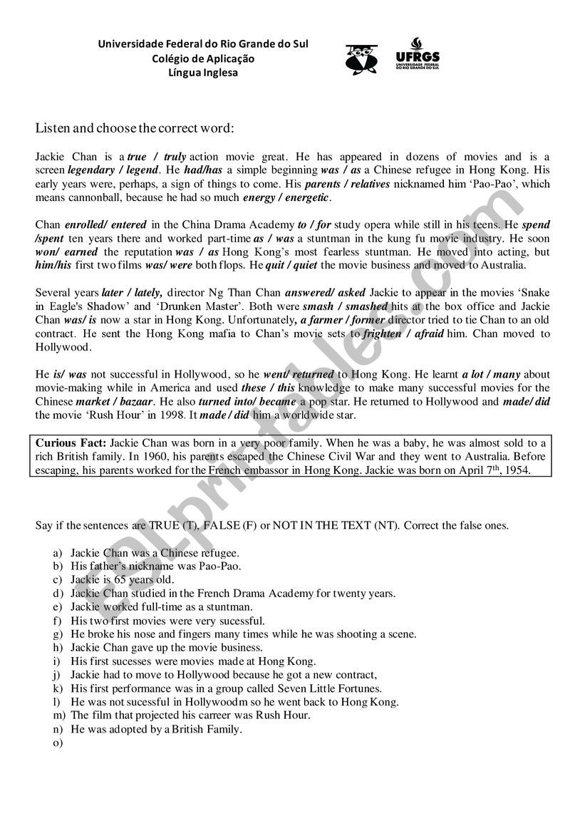 Jackie Chan Bio worksheet